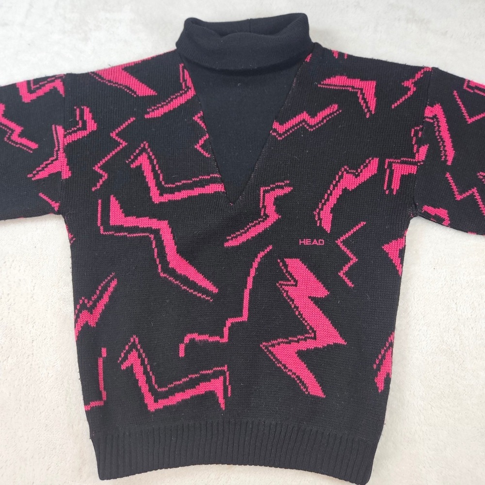 Vintage Head Sportswear Wool Sweater Pink Black Lightning Bolt Turtleneck 80s